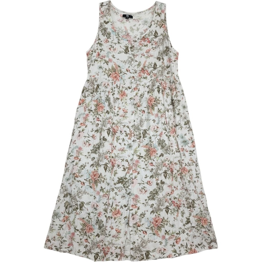 Frye Floral Midi Dress XXL Cream Pink Rayon Button Front Cottagecore‎ Boho